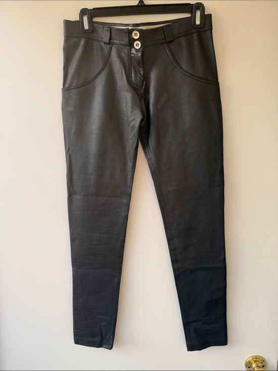 Freddy Pants - Freddy Black Faux Leather Skinny Pants with Gold Buttons